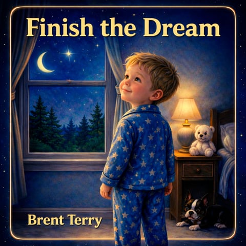 Young boy in star-patterned pajamas looking out bedroom window at night sky with moon and stars, beside teddy bear