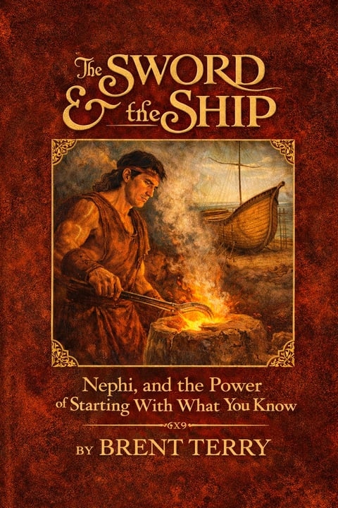 Book cover of The Sword and the Ship by Brent Terry, featuring a man forging metal by a ship, with ornate gold lettering on a textured red background
