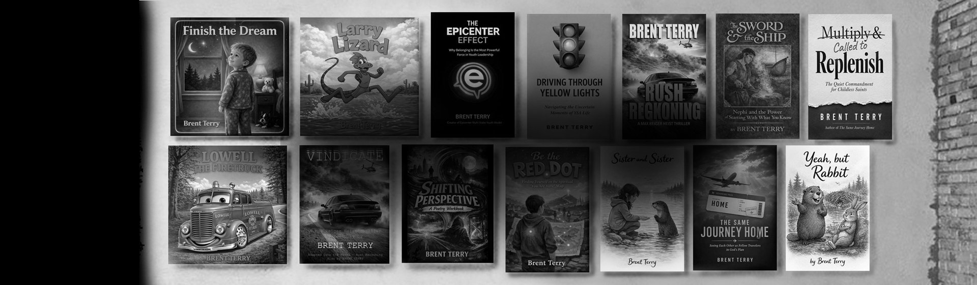 Collection of black and white book covers and album artwork arranged in a grid, featuring various dark and literary-themed designs