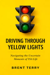 Book cover with a traffic light displaying red, yellow, and green lights against a bright yellow background, titled Driving Through Yellow Lights by Brent Terry