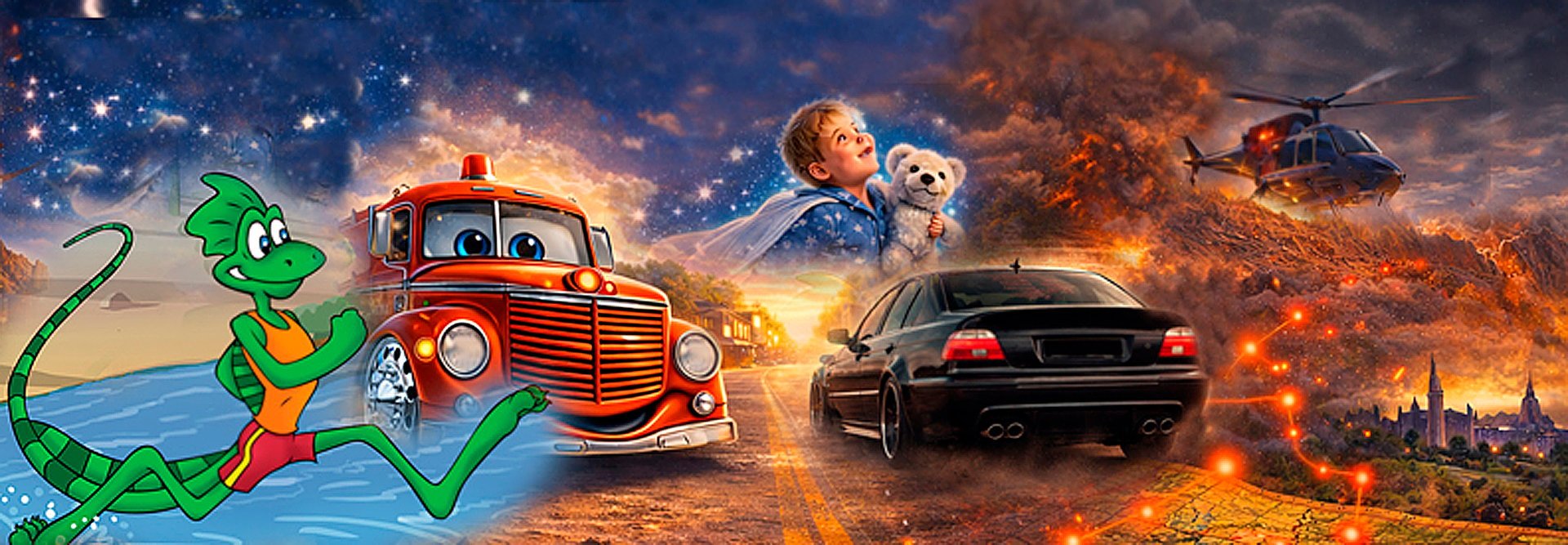 Animated cartoon character with vintage red car and black sports car amid explosions and fire with space backdrop